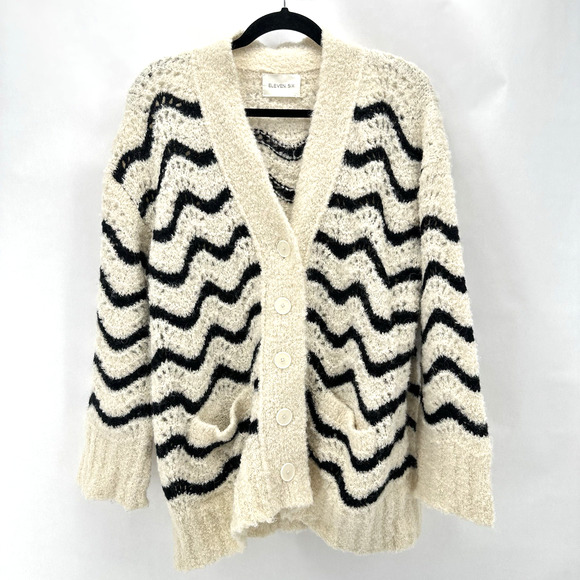 ELEVEN SIX Monica Cardigan Sweater Womens XS/S Ivory Black Relaxed Alpaca Preppy - Picture 2 of 12